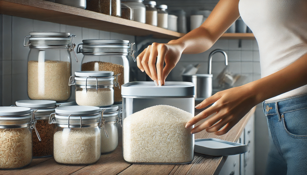 人の手が白米を金属製密閉容器に移し替えている様子。ネズミの侵入を防ぐための衛生的な米保管作業の実践。