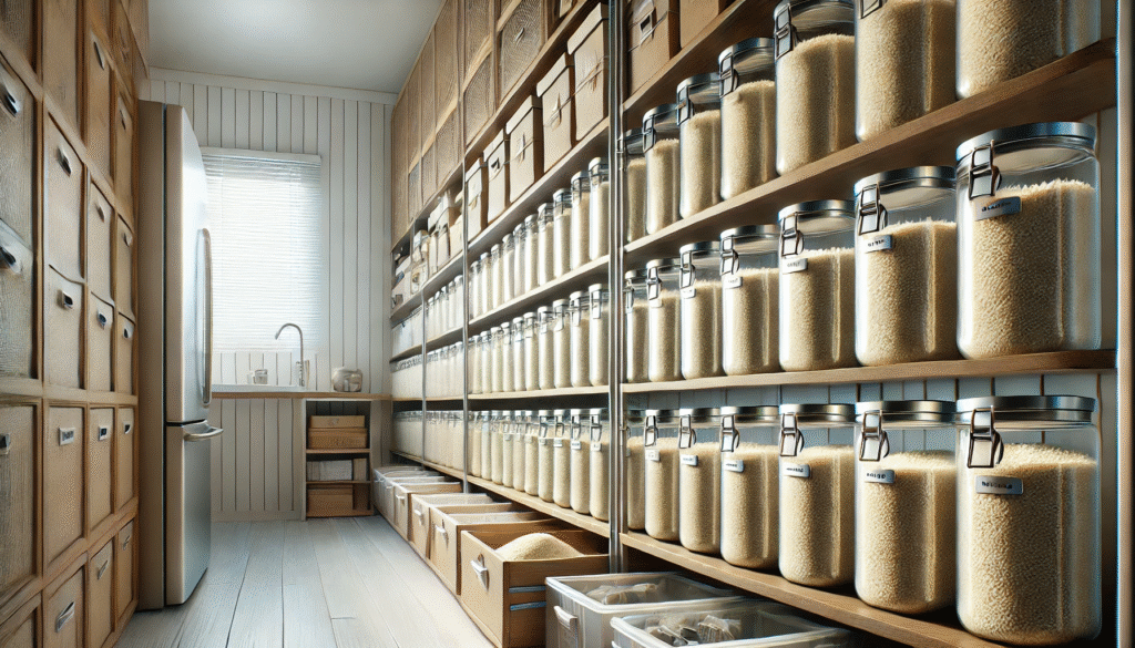 棚に並べられた密閉容器に米が安全に保管されている清潔なキッチン収納。ネズミ対策に効果的な米の保管方法。