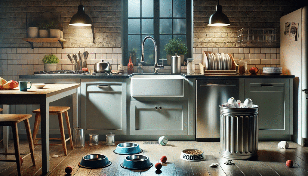 夜間の清潔なキッチン。空のシンクと拭き上げられた調理台が、ネズミの誘因となる水や食べかすを排除している。