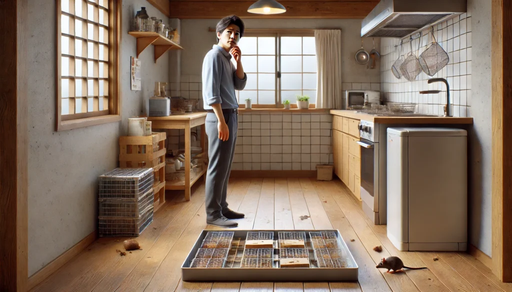 ネズミ駆除用ベイトが食べられず、困惑する住人とキッチン周辺のネズミ痕跡