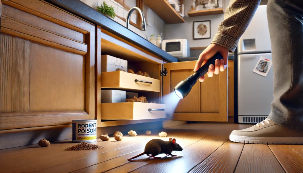 懐中電灯でキッチンの収納下を点検し、ネズミの痕跡を探す家庭内の調査シーン