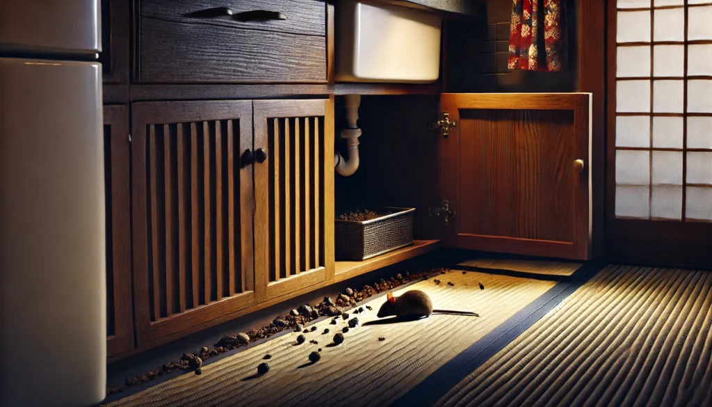 日本の住宅キッチンの隅で、ネズミの痕跡が残る暗い収納スペースを写した画像