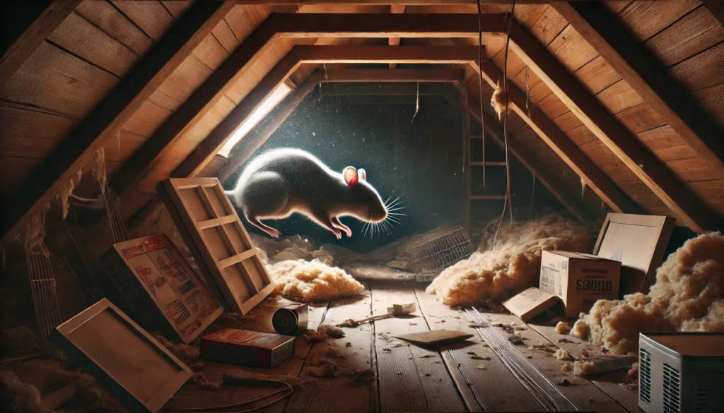 天井裏で物が乱れ、ネズミが活発に動いた形跡が残る荒れた屋根裏環境