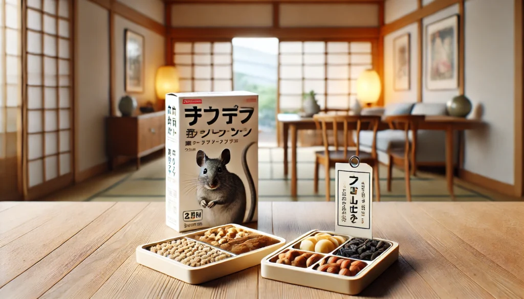 標準タイプと食いつき特化型の2種類のネズミ駆除用ベイトが並ぶ比較シーン