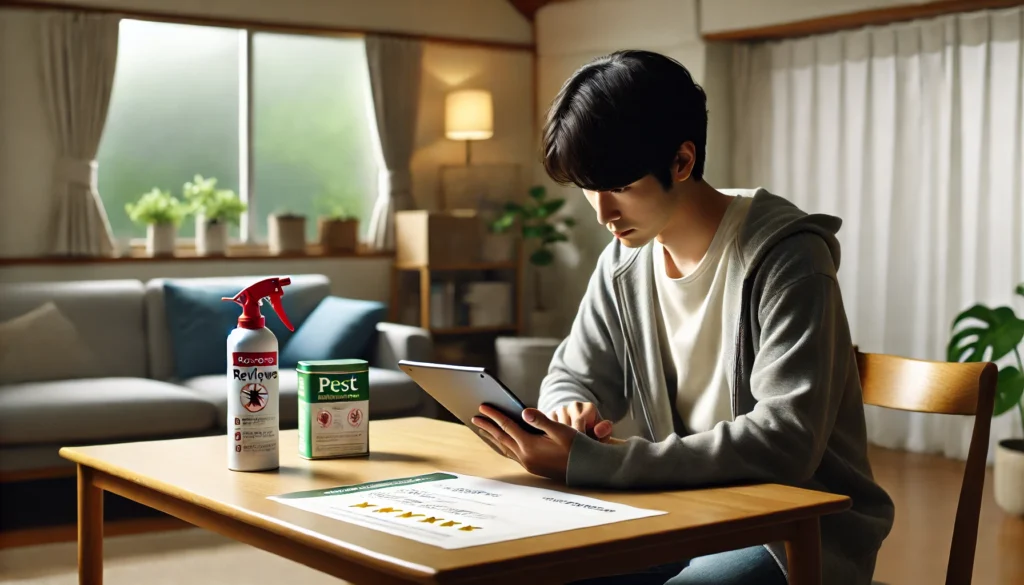 家庭のテーブルでタブレットを使い、害獣対策商品のレビューを確認する人の様子