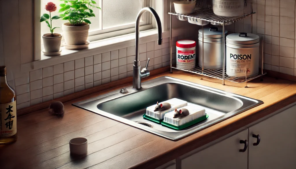 家庭のキッチンで、安全に配置されたネズミ駆除用ベイトトレーを写した画像