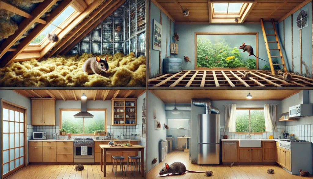 天井裏・床下・キッチンなど複数のネズミが死にやすい場所をまとめた室内モンタージュ