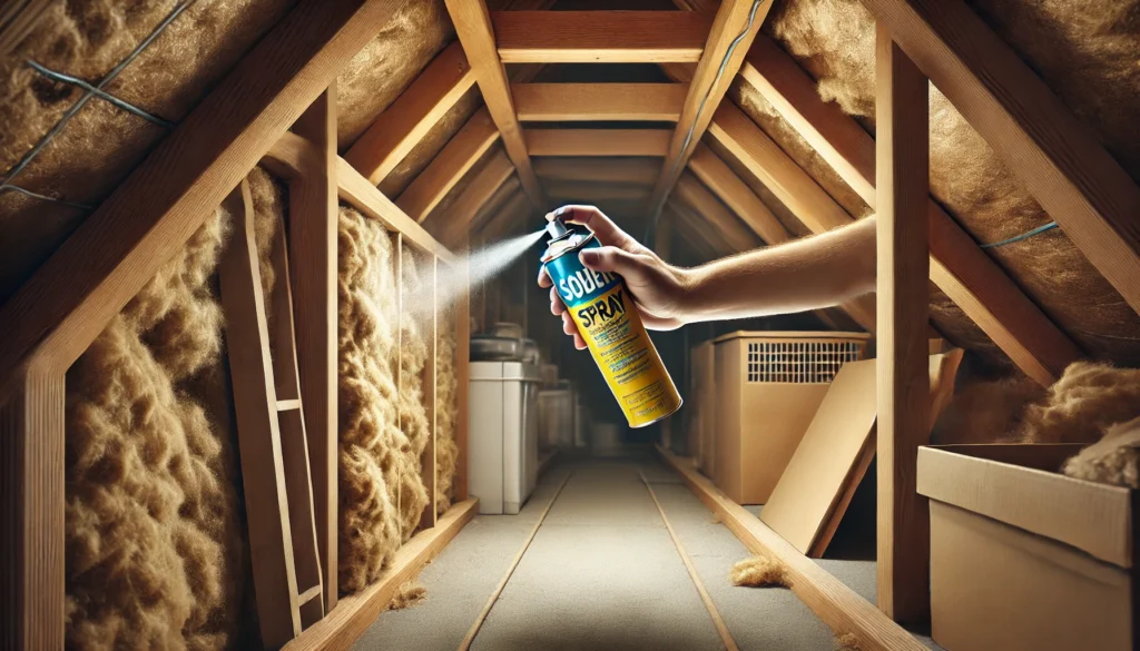 ネズミの見張り番スプレーを屋根裏や壁の隙間に噴射している使用イメージで、ネズミの通り道に対する効果を表した写真