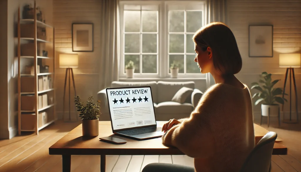 ネズミの見張り番に関する口コミやレビューを家庭内でパソコンから確認している利用者の様子を示した評価シーンの写真