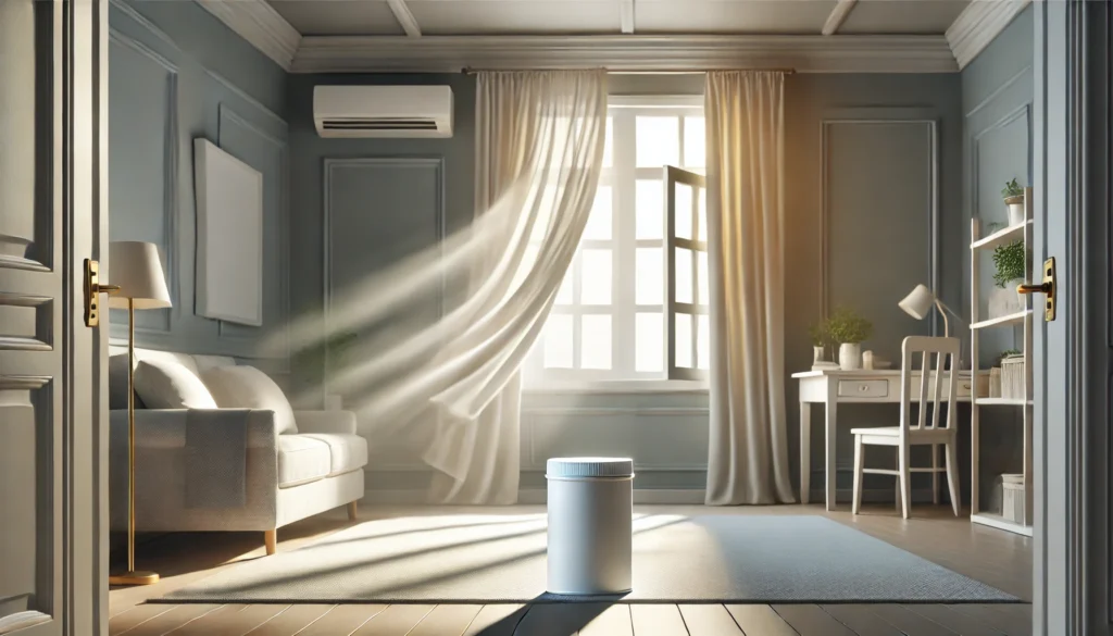 ネズミの見張り番の強い臭いへの対策として、換気された部屋に忌避剤を設置して空気を入れ替えている様子の写真