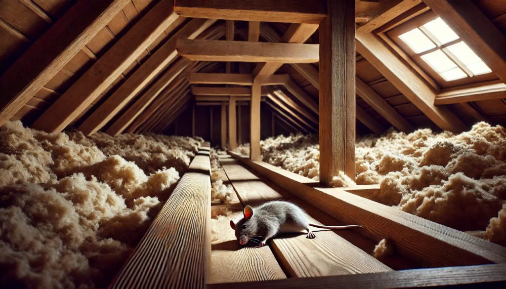 日本家屋の天井裏で、断熱材の間に潜むネズミの様子を示したリアルな屋根裏空間