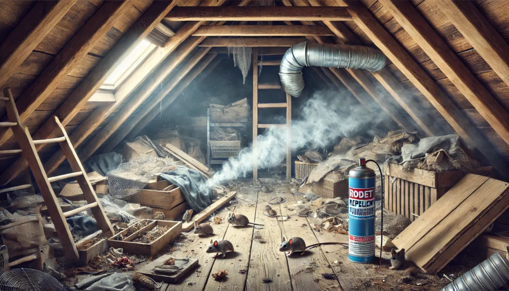 くん煙後もネズミの痕跡が残る屋根裏。煙が十分に行き渡らなかった形跡が見られる使用ミスの例