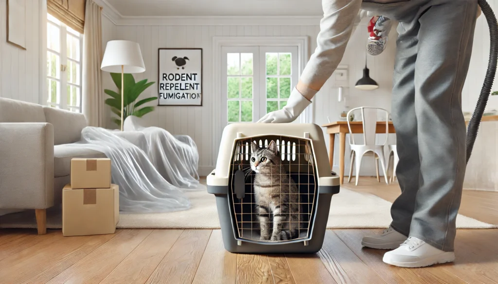 ネズミ忌避剤の使用前に、キャリーバッグへ猫を移動させて別室へ避難させる配慮ある家庭の様子