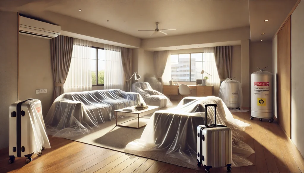 くん煙剤の使用に備えて家具や電化製品を丁寧に養生し、人体への影響に配慮した清潔な室内環境