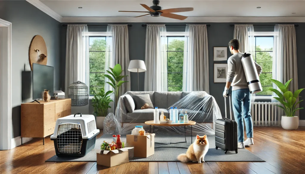 家族が家具をカバーし、ペットを避難させながら室内をくん煙準備している様子。人体への安全配慮が感じられる