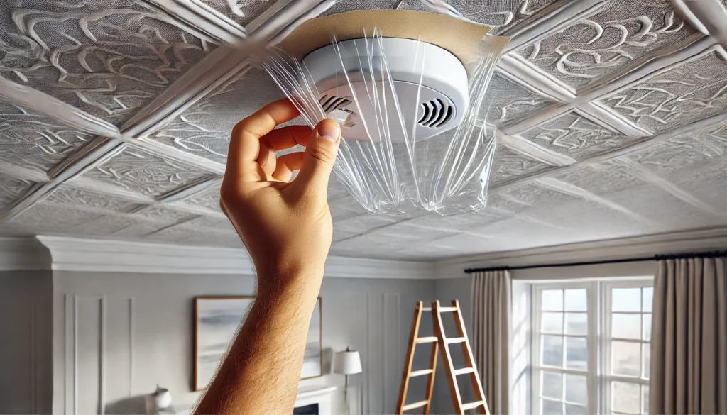 天井にある火災報知器にビニール袋を被せてテープでしっかり養生している安全対策中のシーン