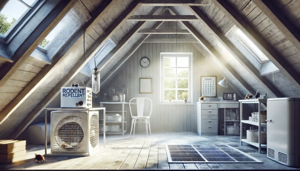 くん煙後の静かな屋根裏空間に差し込む自然光と薄く残る煙、効果の持続期間を連想させる情景