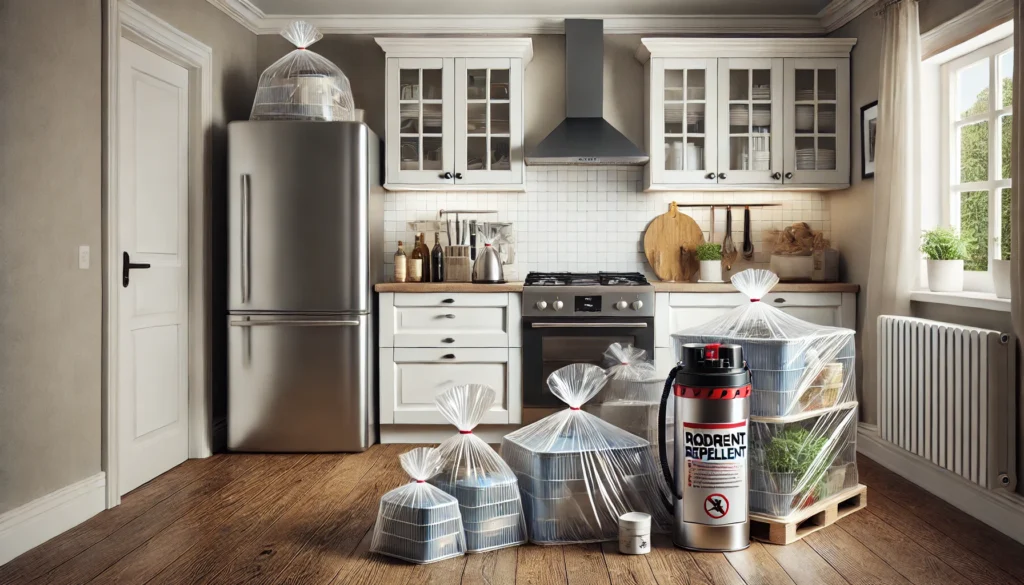 台所の食品や調理器具が養生され、くん煙剤使用の準備が整った衛生的で整然としたキッチン