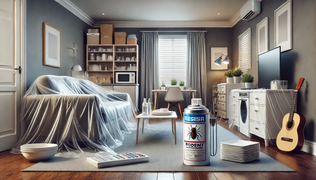 家具や家電にカバーがかけられ、室内中央にくん煙剤が設置された状態の安全対策済みの室内