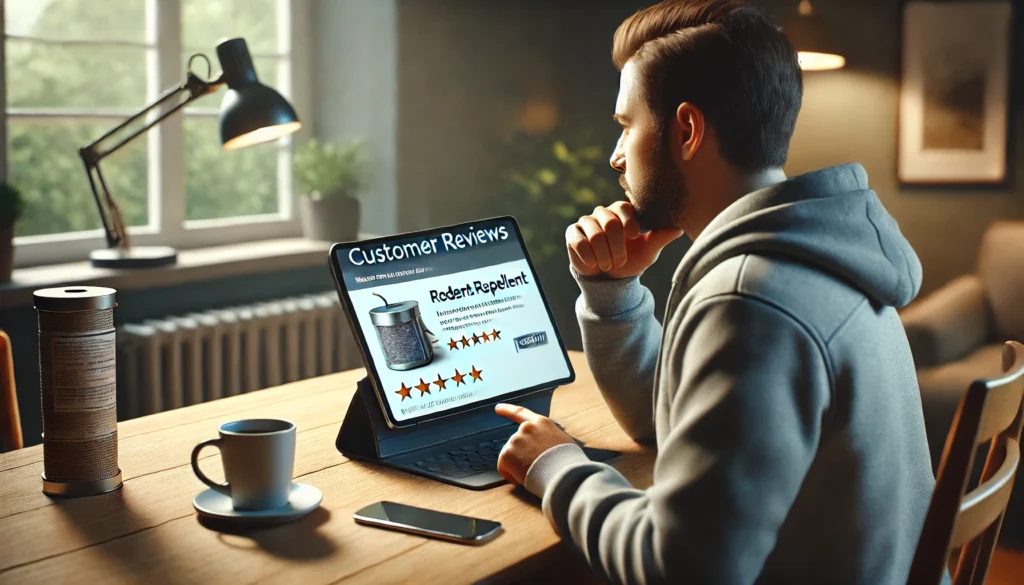 一般家庭のリビングで、タブレット画面を見ながらネズミ対策製品のレビューを確認するユーザー