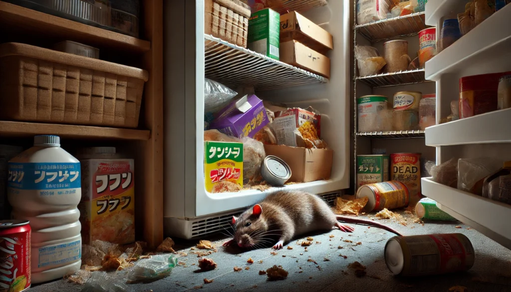 冷蔵庫裏の収納スペースで、散乱した食べかすやネズミ痕跡が残る家庭内の暗い隅