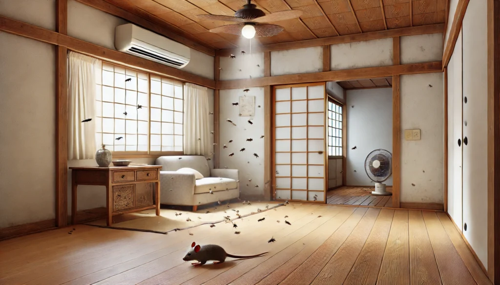 室内にハエが発生し、異臭トラブルを示唆する日本家屋の居間の様子