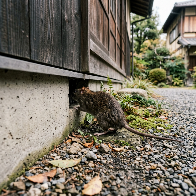 ネズミが日本の住宅の床下の隙間から侵入する様子のイメージ 