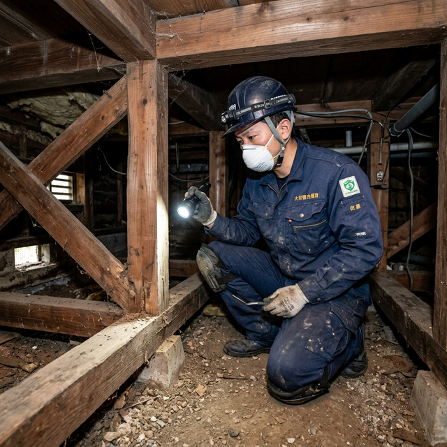 プロの駆除業者が床下のネズミ対策・調査を行っている様子