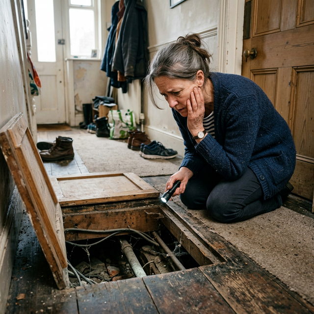 床下のネズミ駆除について疑問や不安を抱える住人の様子