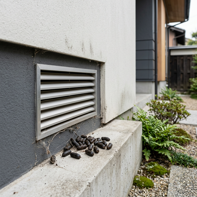 床下換気口付近に落ちているネズミの糞（ラットサイン）