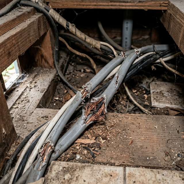 ネズミにかじられて漏電火災のリスクがある電気配線