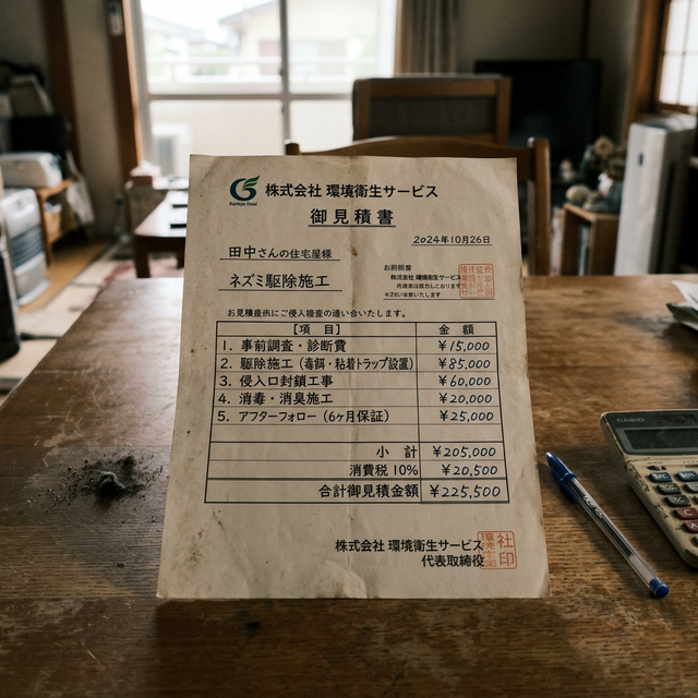 専門業者に依頼した場合のネズミ駆除費用相場の見積書イメージ