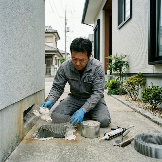 ネズミ駆除後に床下の通気口を金網やパテで塞いで侵入を防ぐ様子
