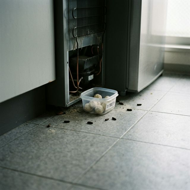 冷蔵庫の裏などのラットサインがある場所にホウ酸団子を設置した様子