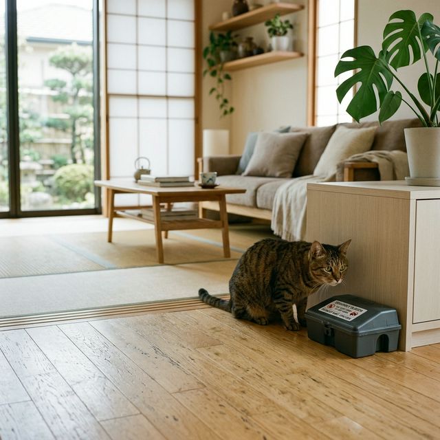 ペットの猫が安全なケースに入ったホウ酸団子に近づけない様子