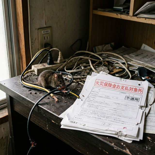 建物の屋根裏で、ネズミが電気ケーブルをかじっており、その配線から火花（スパーク）が散っている。背景には、ぼんやりと「火災保険証券」の文字が見える。