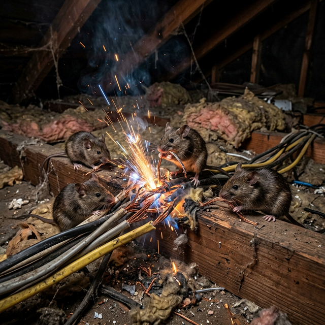 暗い天井裏。ネズミがかじってむき出しになった銅線が、乾燥した木材に触れており、そこから今にも燃え移りそうな小さな煙が上がっている。