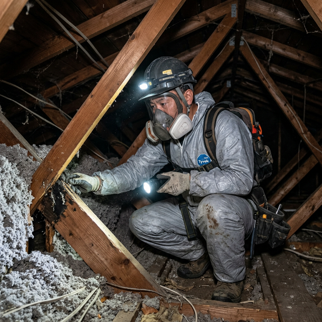 タブレットを持ったネズミ駆除業者のスタッフが、笑顔で住宅所有者に調査報告書を見せながら、今後の対策を説明している。