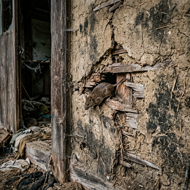 築年数が経過した建物の外壁のひび割れや、基礎部分の隙間を、家の外から観察しているネズミの視線。