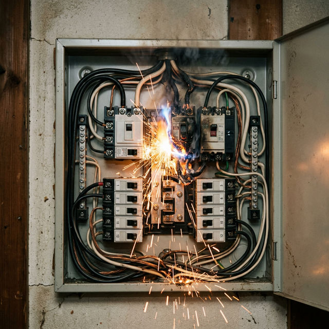  壁に設置された分電盤（ブレーカーボックス）の内部。ネズミのフンが落ちており、一部の配線が焦げている。その横に、小さな文字で補償の範囲を示すイラスト（分電盤のみに◯）がある。