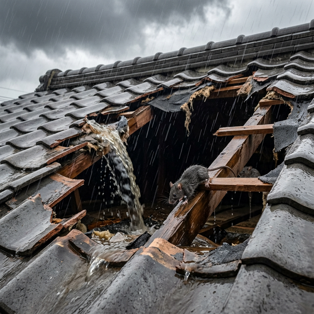 台風の強風で屋根瓦が剥がれ、外壁に穴が開いた家。その穴からネズミが建物内に侵入していく様子。
