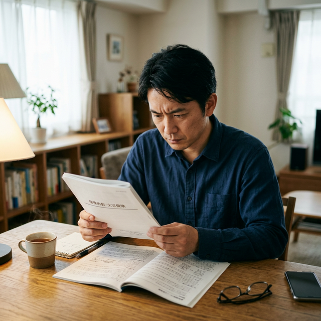 保険証券と約款をテーブルに広げ、真剣な表情で内容をチェックしている住宅所有者の手元（スマートフォンで保険会社に電話をかけようとしている）。