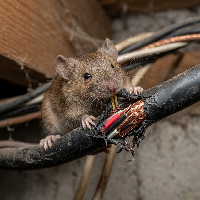 ネズミの鋭い前歯のアップ。その前歯でビニール被覆の電気ケーブルをガリガリとかじり、中の銅線を露出させている様子。