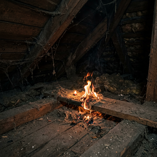 埃まみれの屋根裏。ネズミの巣（新聞紙や布切れ、断熱材が混ざったもの）があり、そのすぐそばで配線がショートし、火花が巣に飛び散っている。