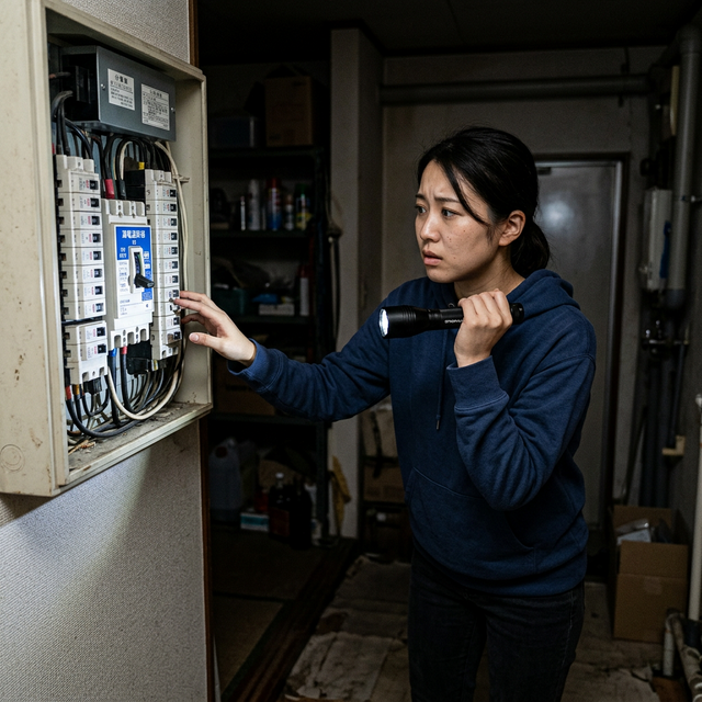 家のブレーカーボックス。漏電ブレーカーのスイッチが「切（オフ）」の位置に落ちている。その横に、不安そうな表情でブレーカーを見つめる住人の顔。