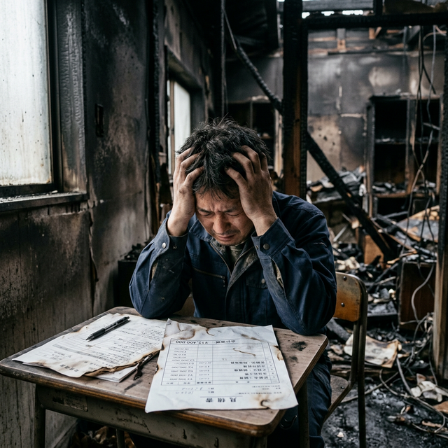 火災後の、真っ黒に焦げた部屋の内装。焼け残った柱や、溶けた家電製品。その前に立ち、頭を抱えて絶望する住宅所有者の後ろ姿。
