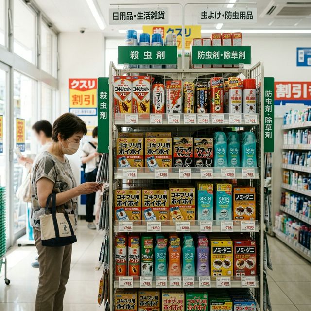 ドラッグストアでネズミ駆除用のホウ酸や殺鼠剤が陳列されている様子