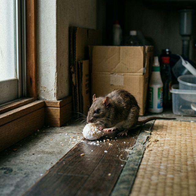 ネズミが暗がりでネズミ駆除用のホウ酸団子を食べている様子