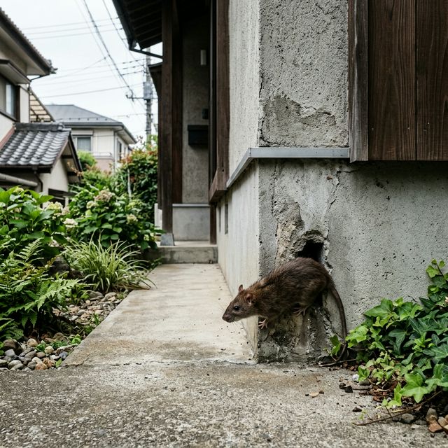 ネズミが外壁の小さな隙間から家の中に侵入する様子