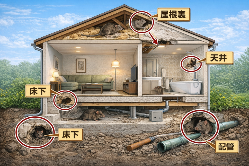 ネズミの侵入経路（床下・屋根裏・配管）の図解